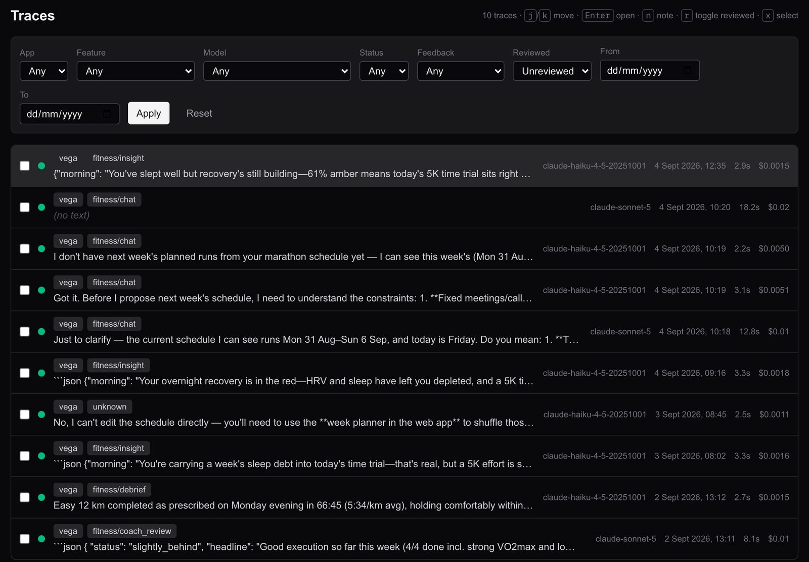 The eval platform's trace inbox: a filter bar for app, feature, model, status and feedback, above a list of captured traces each tagged with app and feature, showing model, timestamp, latency and cost