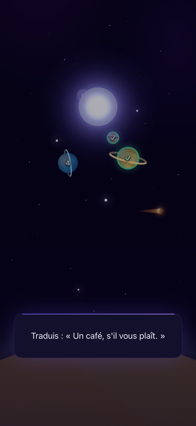 A translation prompt at the bottom of the screen; above it, the lesson's star system: a sun, sibling planets and a comet in a night sky